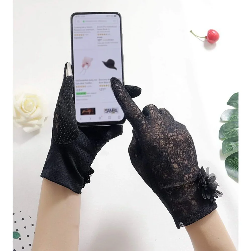 Women's Flower Black Floral Embroider Lace Gloves Summer Sun Protection
